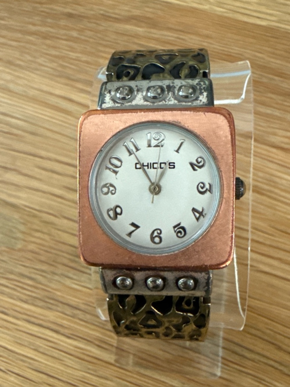 Chico's Two-Tone Square Face Watch in Copper and White W/ Leopard Print Cuff